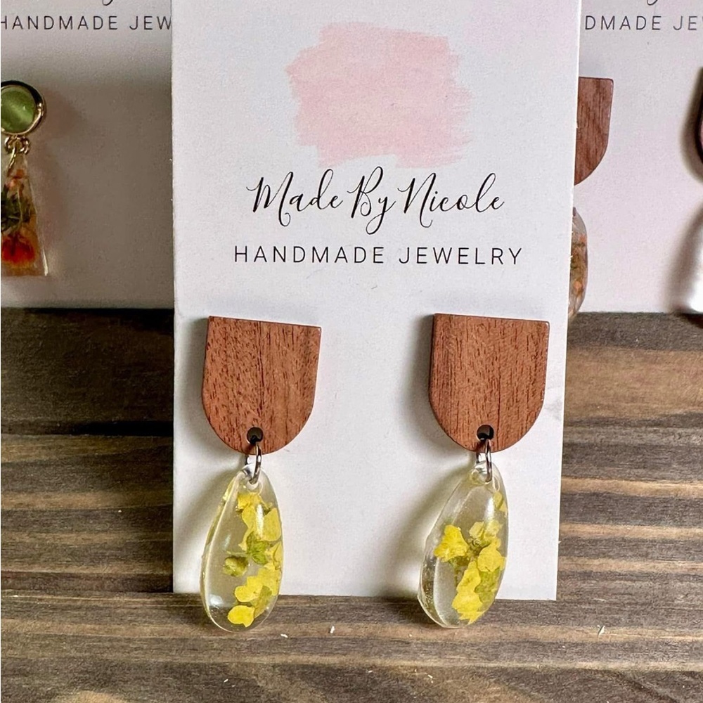 Hand Crafted Wooden and Resin Earrings with Yellow Accents